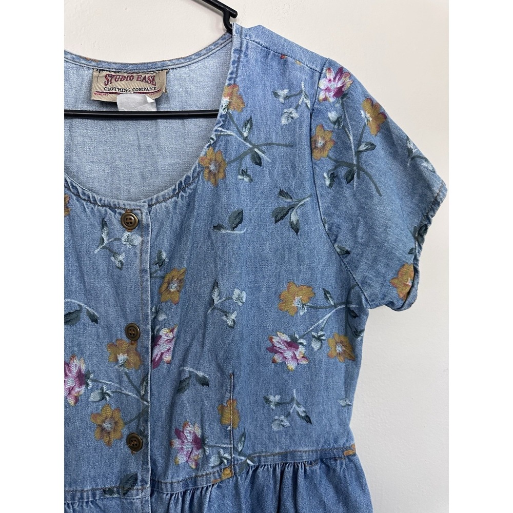 VTG 90s Studio Ease Floral Denim Dress Size 10 Blue Denim Floral Button Prairie - Picture 5 of 16